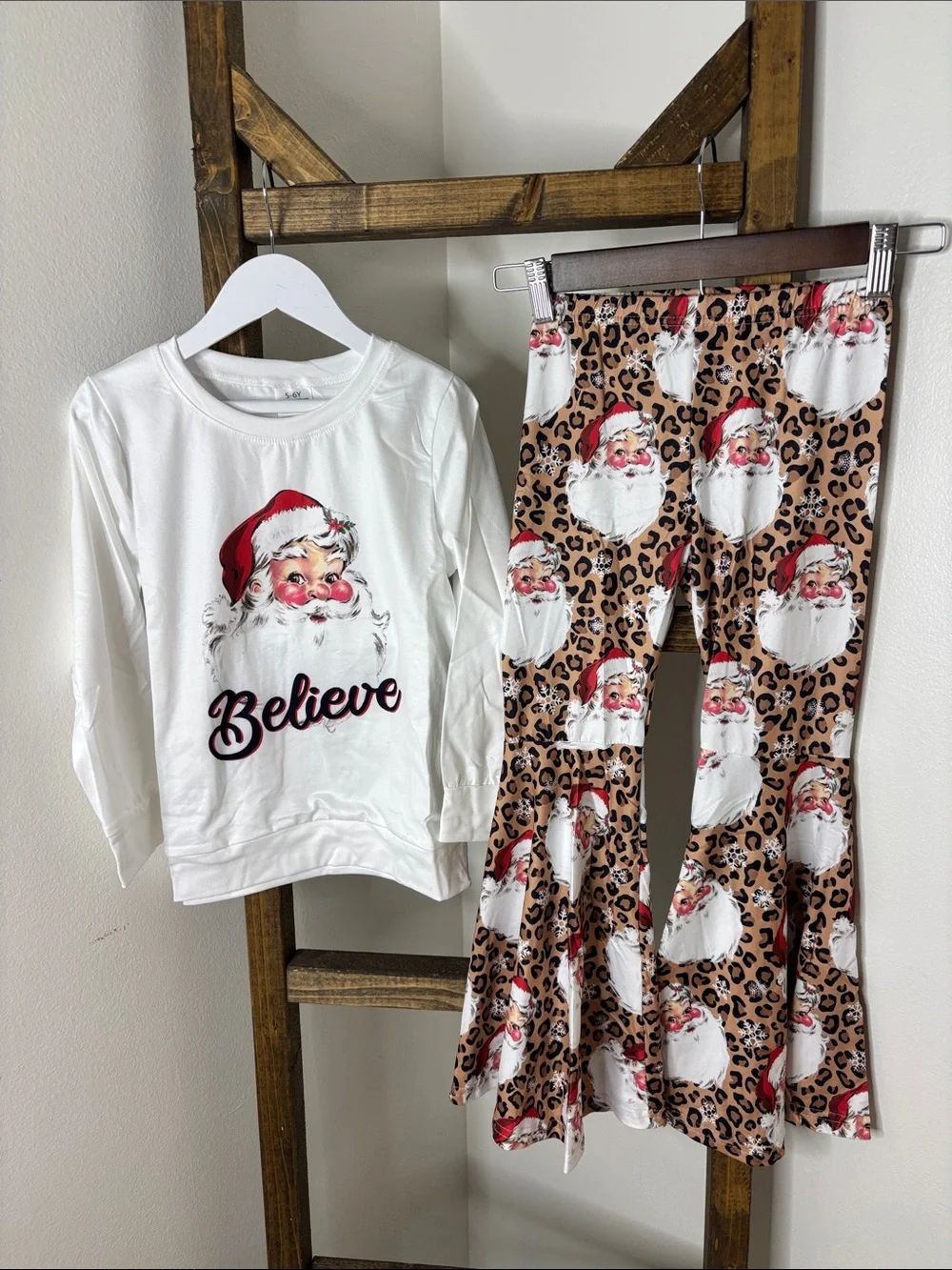 Kids 'Believe' Santa Set - White Top & Leopard Santa Pants Size 5/6
